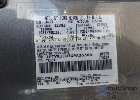 1998 Ford Ranger Splash/Xl/Xlt z USA, uszkodzony, nr VIN 1FTYR11U7WPA36364